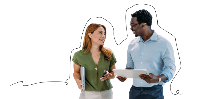 Man and woman talking with paper